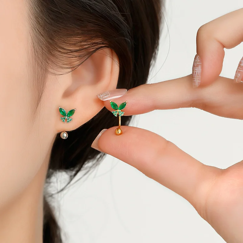 2PCS Elegant Butterfly Screw Stud Earrings, Shiny Zircon