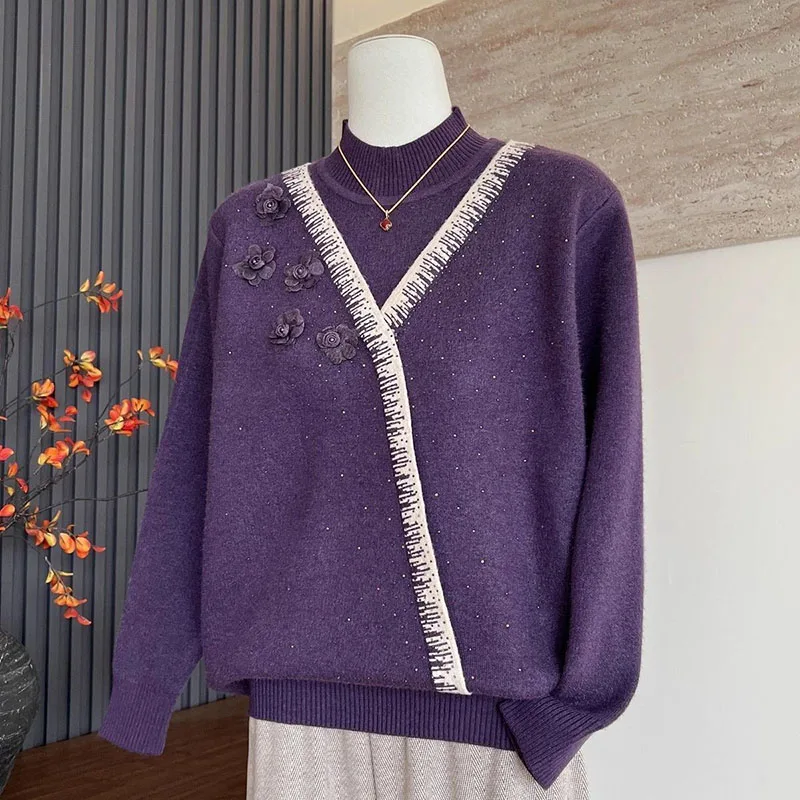 Herfst Winter Dames Nieuwe Nep Tweedelige Gebreide Trui Dieptepunt Shirt Vrouwen Plus Fluwelen Gewatteerde Warme Jas Ronde Hals trui