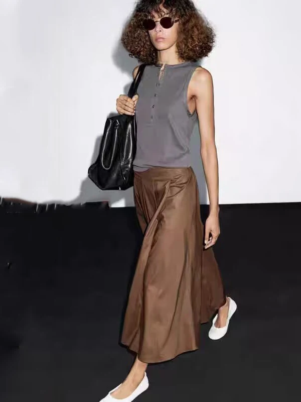 خريف جديد وصول بسيط براون مطوي ألف خط ميدي تنورة للنساء Ele Commuter Sle f طول تنورة الفرنسية Sle