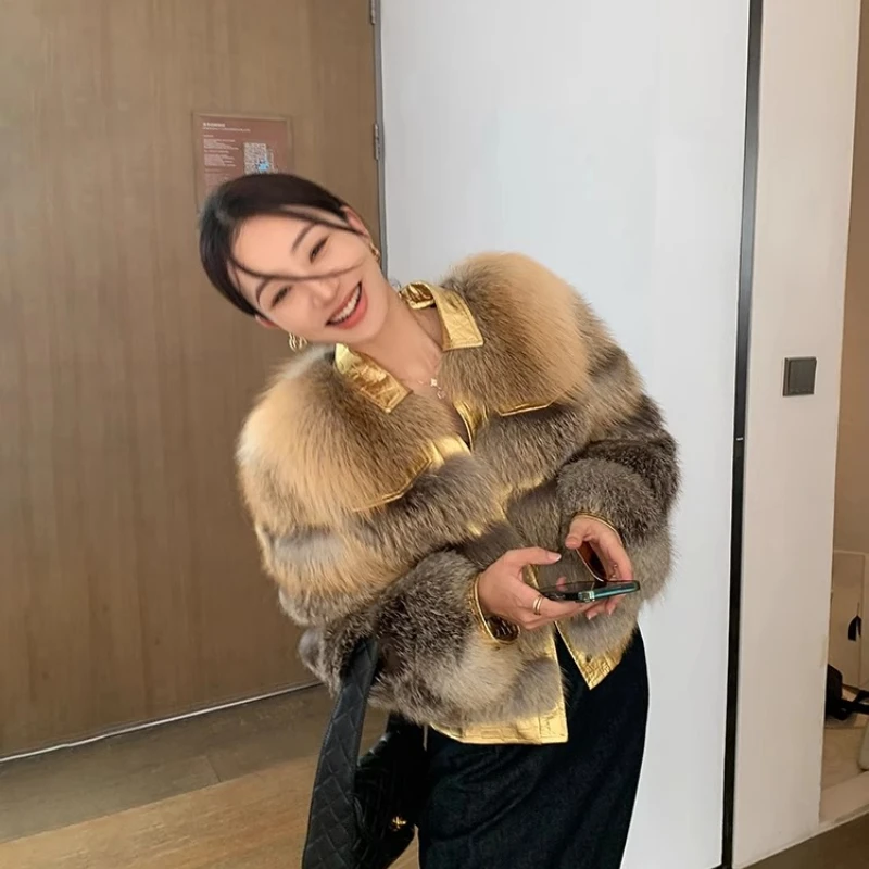 YOLANFAIRY winter Golden Island Fox fur whole fur coat Square-neck long-sleeved commuter style short real fur шуба женская 2025