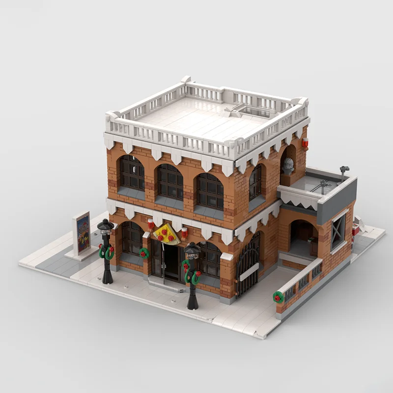 Street View Moc Building Brick Modular Winter Village - Pizzaria & Arte Model Technology كتل هدايا بناء لعبة عيد الميلاد #3
