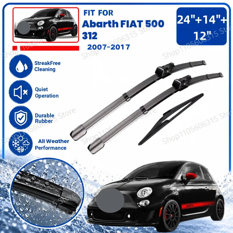 For Abarth FIAT 500 312 2007-2017 Hatchback Front Rear Wiper Blades Set 24"+14"+12" Windscreen Rain Brushes