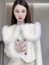 Women Winter Short Woolen Cloth Jacket 2024 New Chic and Elegant  Slim Comfortable Versatile Large Lapel Imitation Fox Fur Coat