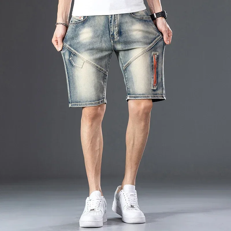 

2024 New Summer Men's Fashion Stretch Denim Shorts Vintage Streetwear Old Slim Fit Short Jeans Splicing Design 98% Cotton Brand