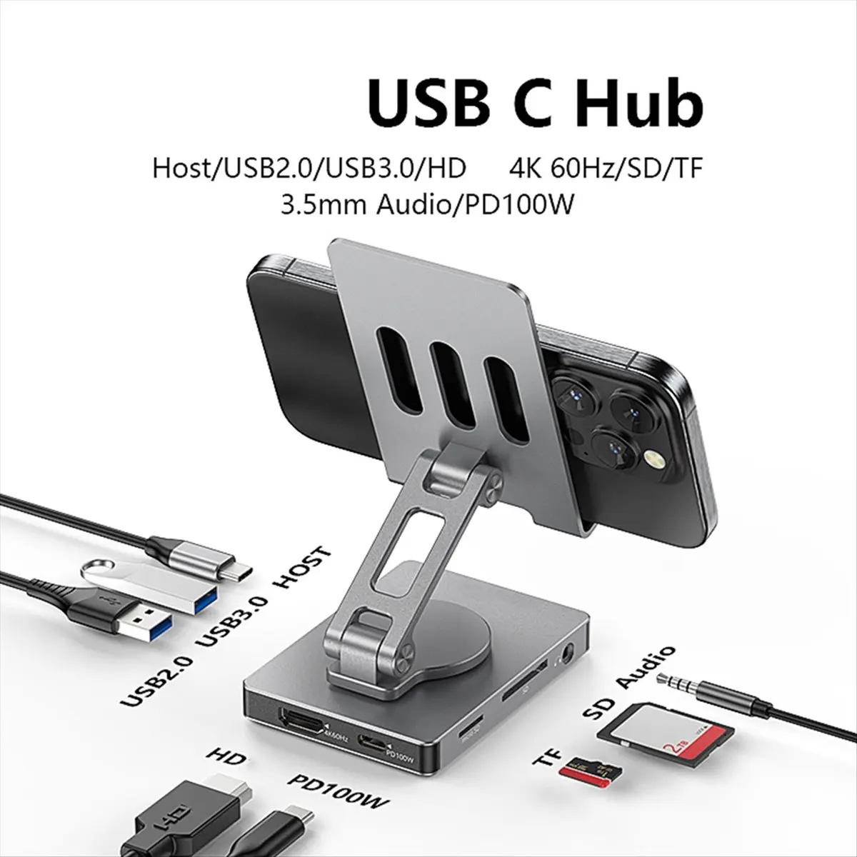 B21B  USB C Foldable Docking Station with 360°Rotation 5Gbps,SD TF Reader,PD 100W Phone Hub Holder for /Switch
