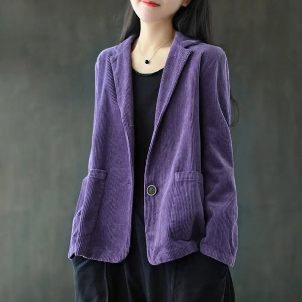 Corduroy Suit Collar Solid Color Short Coat Women New Autumn Long Sleeve Pocket and Retro Casual Coat Top