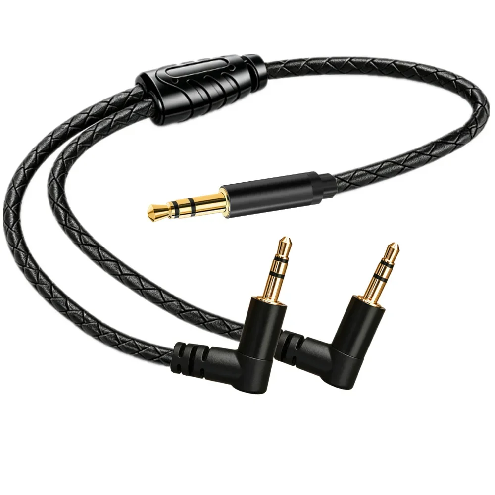 3.5mm Male To Dual Male Audio Cable L Elbow Gold Plated Jack Braided AUX Splitter Wire for Car Speaker Live Streaming Karaoke