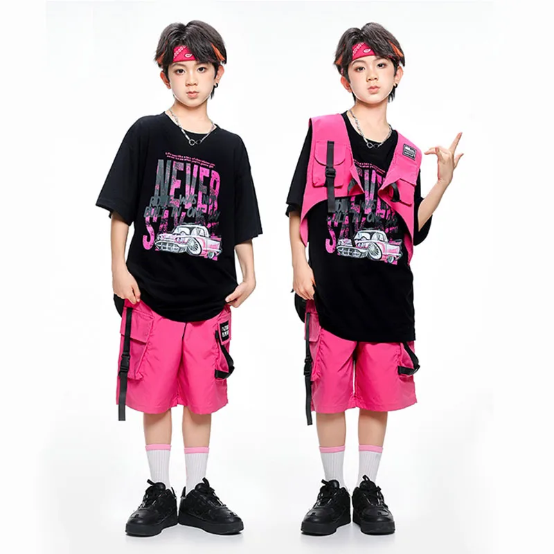 Kid Cool Kpop Hip Hop Clothing Rose Vest Crop Top T Shirt Casual Strap Cargo Shorts for Girl Boy Jazz Dance Wear Costume Clothes