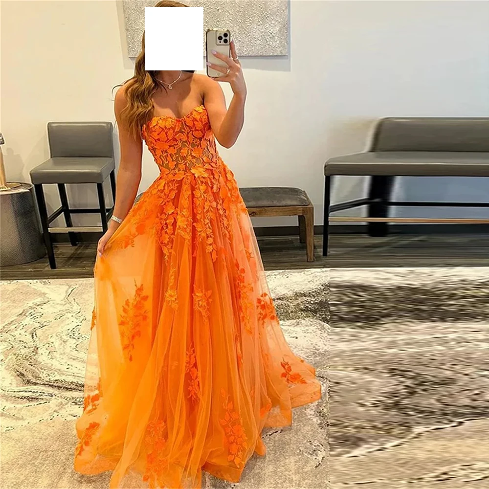 

Exquisite Orange A-Line Appliques Lace pleats Evening Dress Elegant Sweep Train 2024 Zipper Back Tulle Strapless Floor Length