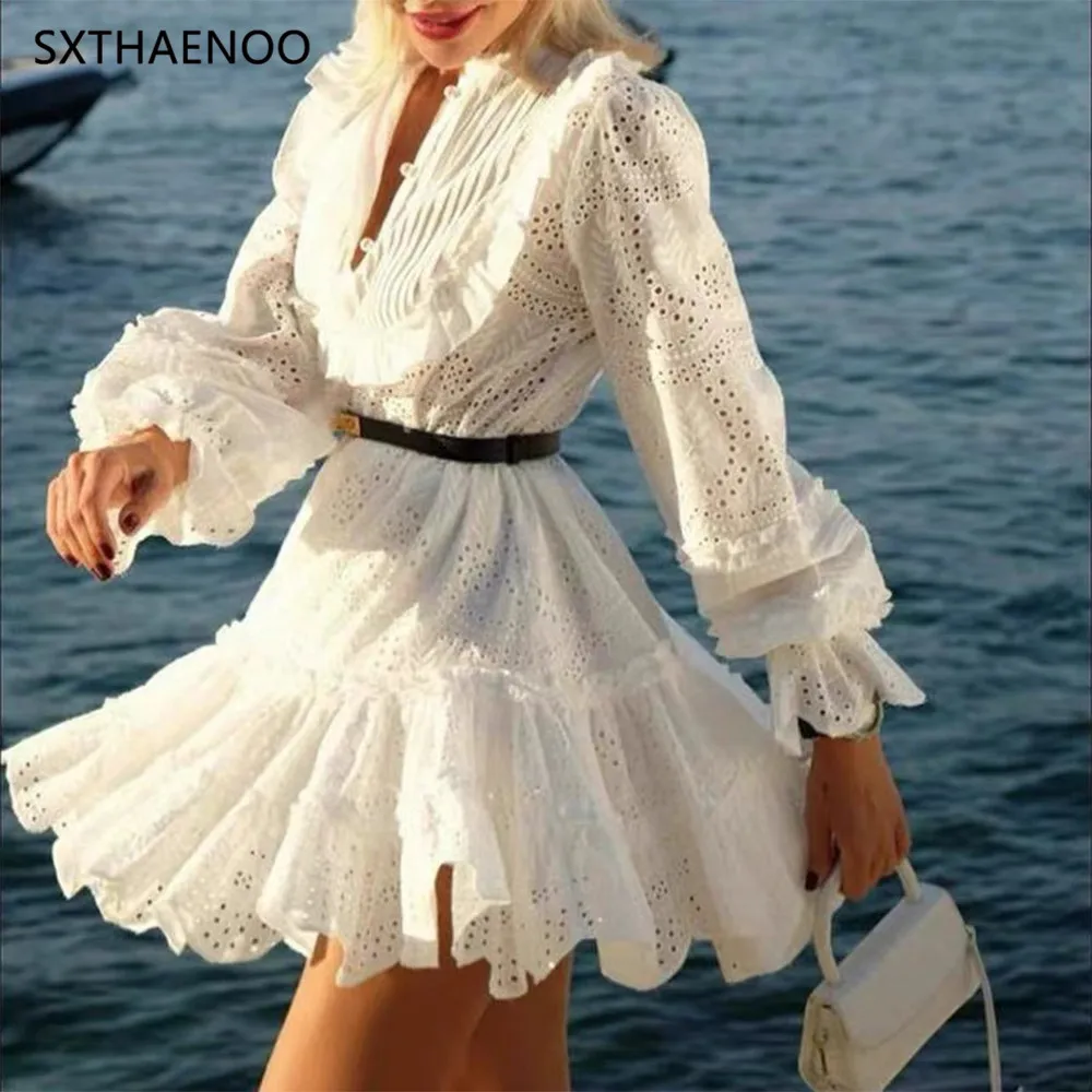 

SXTHAENOO Elegant French Short Skirt Summer High Waist Lantern Sleeve Embroidery Dress Women's Fashion Mini Dress Lantern Sleeve