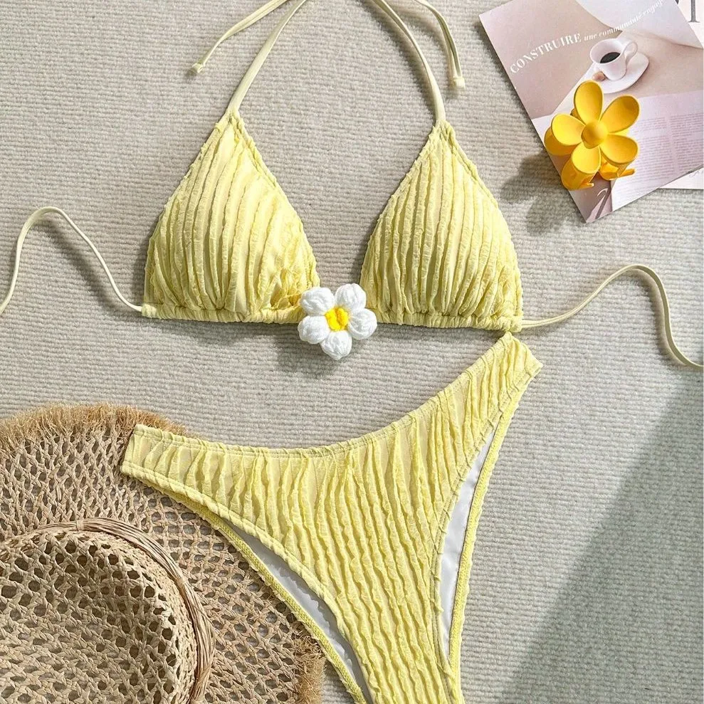 2025 new model, European and American sexy solid color small flower thin suspender three-point bikini swimsuit bikini