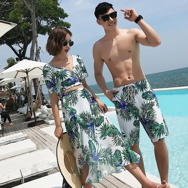 New Matching Swimsuits for Couples Beachwear 3 Pack Set Short Sleeve Women Swimwear Print High Waisted Pants Men Swimming Shorts