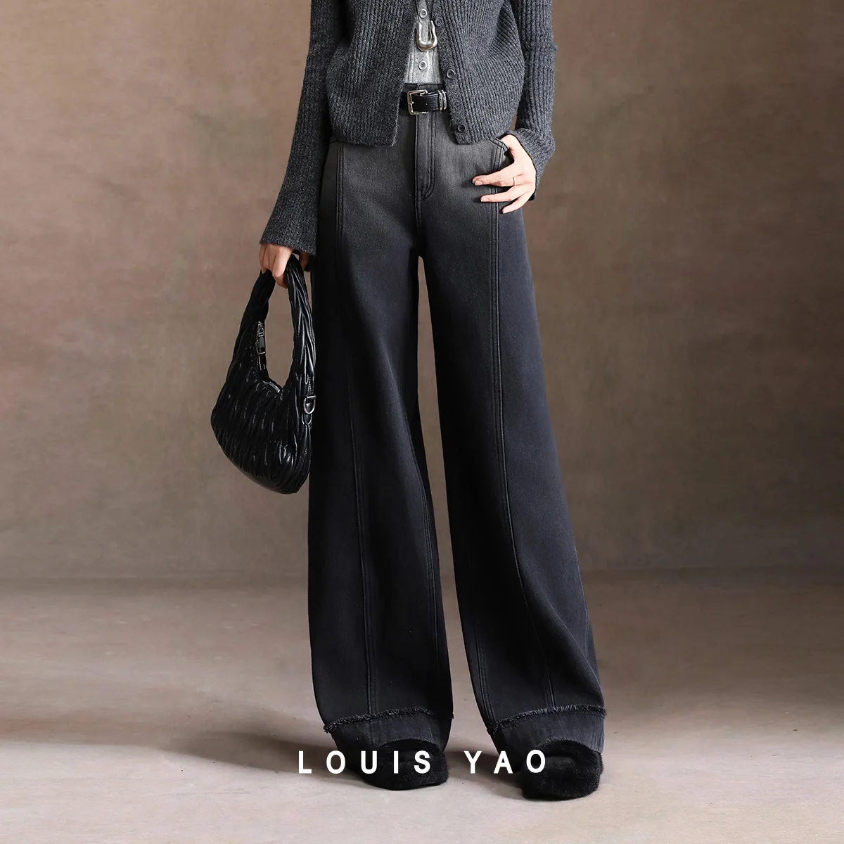 LOUIS YAO Retro Gradient-Color Straight-Leg Jeans 2025 Autumn/Winter Loose High Waist Long Fleece-Lined Thickened Women's Jeans