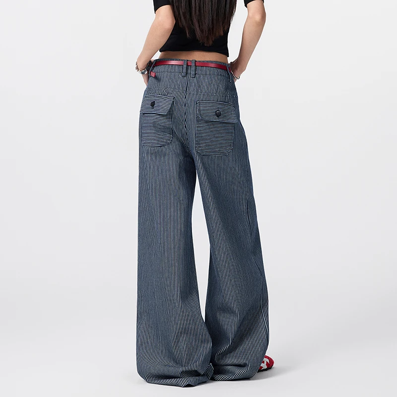 جديد 2026 F/W جينز مخطط جديد عالي الخصر للنساء بنطال جينز واسع الساق ملابس غير رسمية كلاسيكية جيب بسحاب بنطلون نسائي