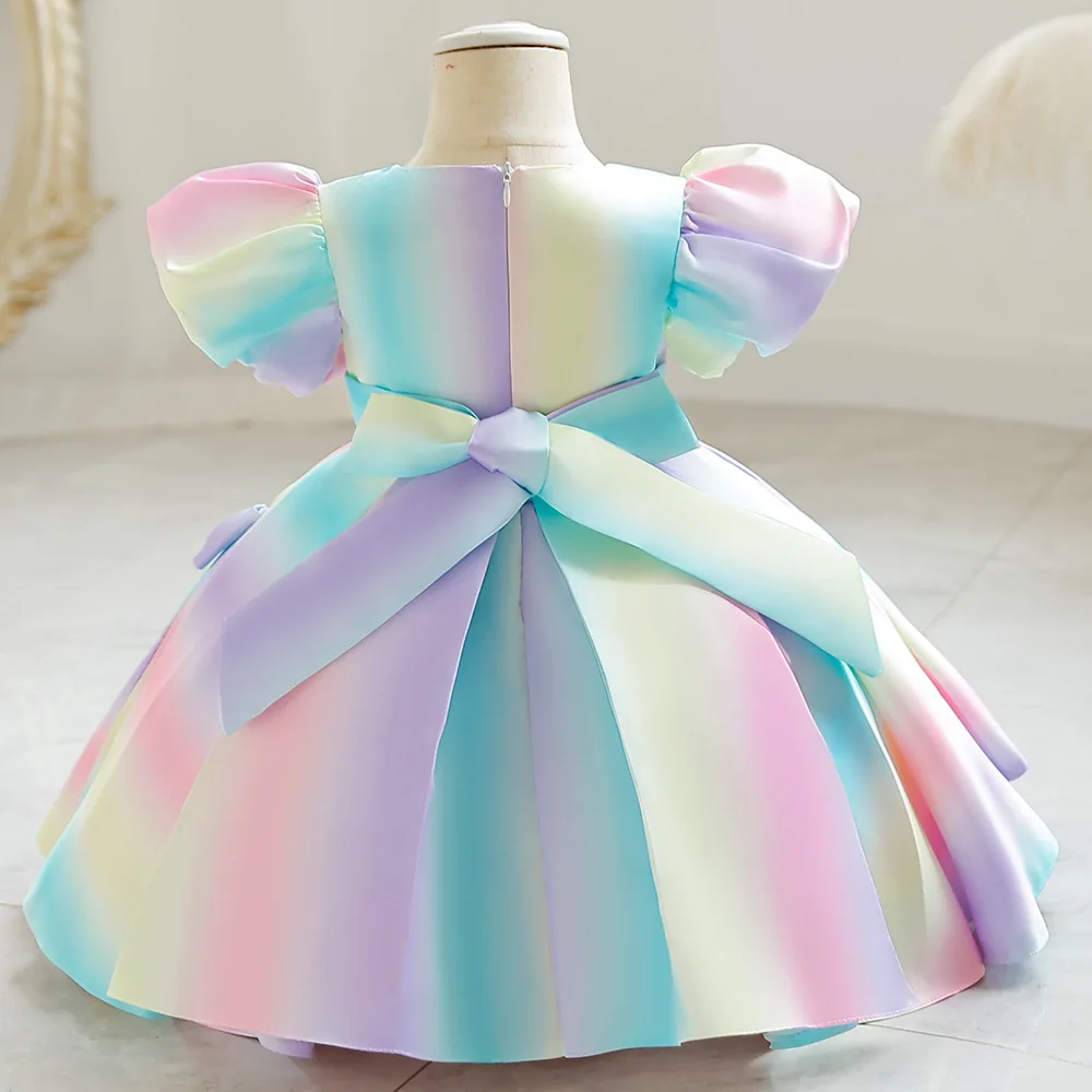 ELBCOS 2-6T Kid Girls Short Puff Sleeve Bowknot Bubble Skirt Colorful Costumes Evening Full Dress