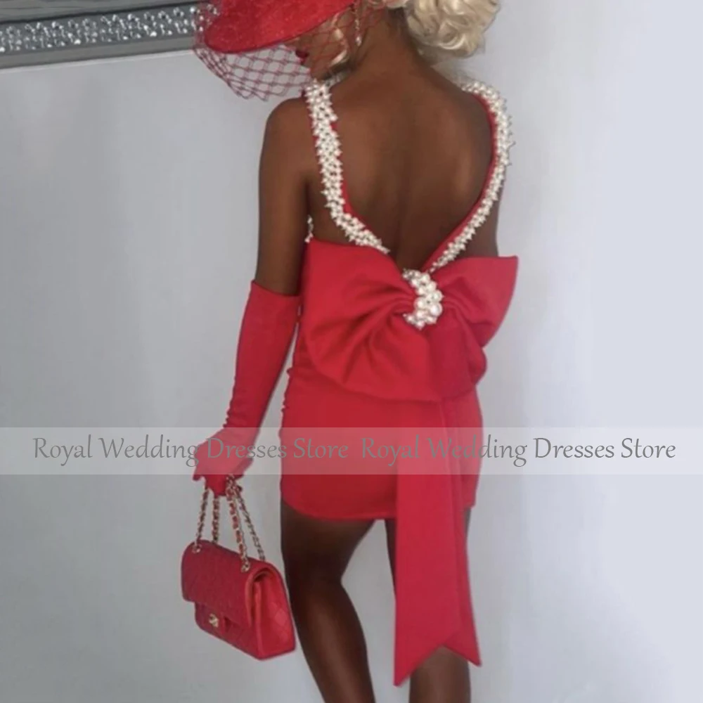 Red Cocktail Dress Mini Pearls V Neck Backless Big Bow Sheath Cocktail Gowns for Women image 2