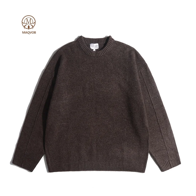 MAQVOB Wysokiej Jakości Męskie Swetry z Okrągłym Dekoltem w Rozmiarach EU i US, Codzienne Dzianinowe Vintage Swetry z Długim Rękawem, Dopasowany Krój, Jesienno-Zimowy Pulower