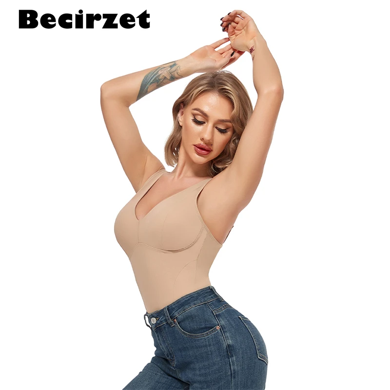 Becirzet Vrouwen Chic Shapewear Bodysuit Sexy V-hals Bodysuits Met Afneembare Cup Body Shaper Skinny Black Afslanken Ondergoed Bods