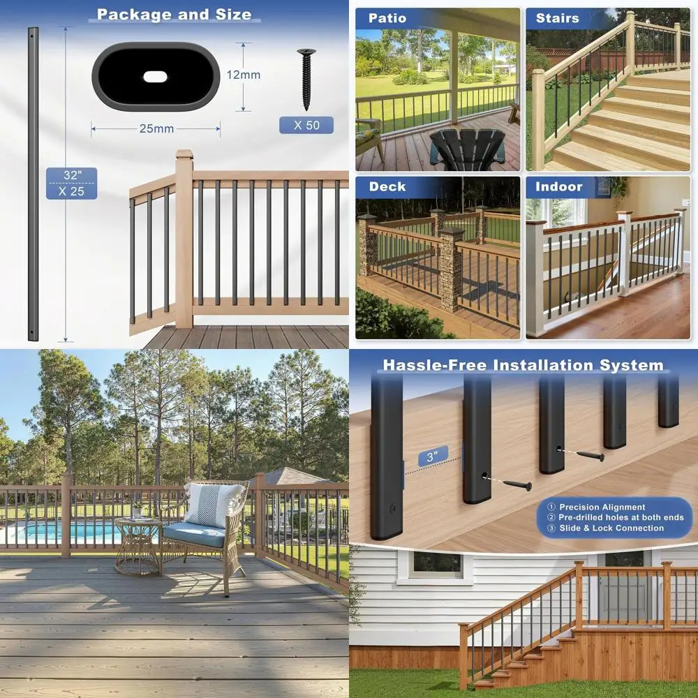 

25-Pack 32 Hollow Metal Balusters for Staircases and Decks, Durable Black Outdoor Railing System