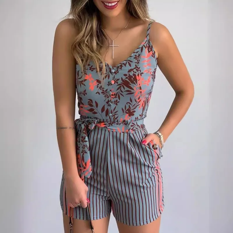 Beliebtes unabhängiges Design 2024 Frühling Sommer neue Damen bekleidung Spaghetti träger ärmellose Mode bedruckte einteilige Shorts-