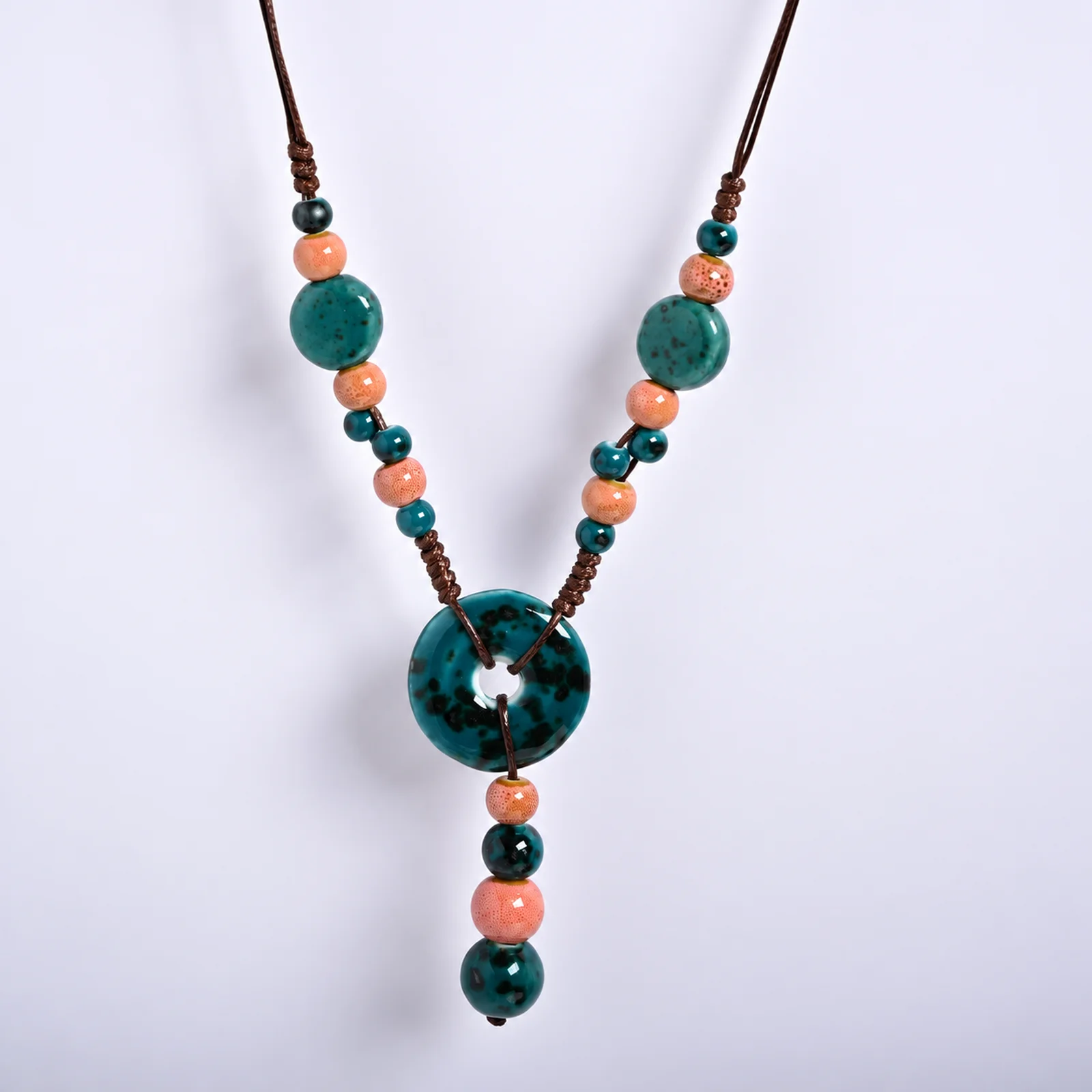 Handmade Ceramic Coral Clasp Necklace Adjustable Waxed Cord Braided Beads Round Disc Peace Buckle Pendant 609P12-09