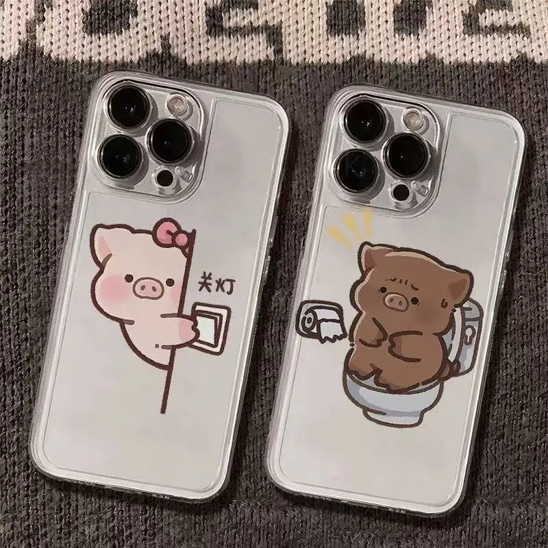 재미있는 돼지 커플 휴대폰 케이스, 아이폰 16, 15, 14, 13, 12, 11 프로, XS 맥스, 7, XR, 8, 7 플러스, 클리어 커버