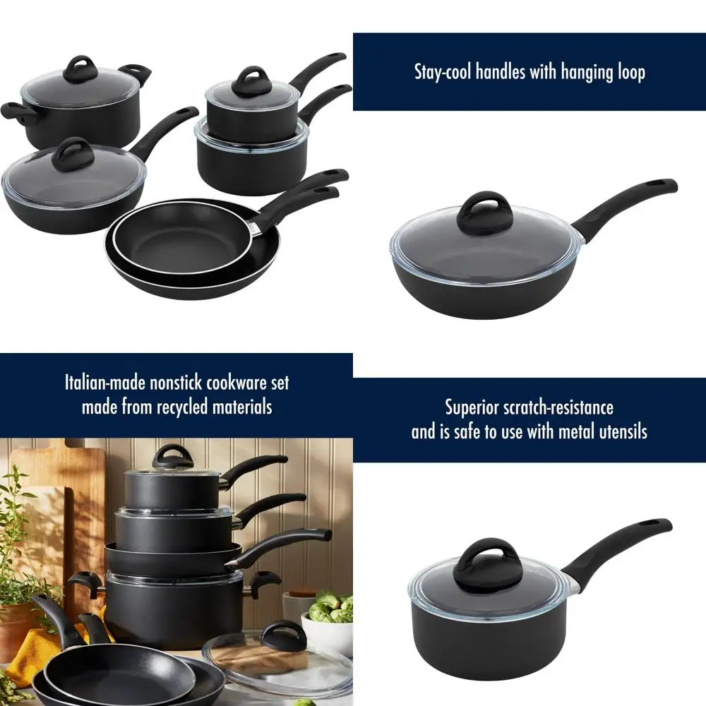 

Набор посуды с антипригарным покрытием из 12 предметов: индукционные кастрюли и сковороды из здорового черного гранита