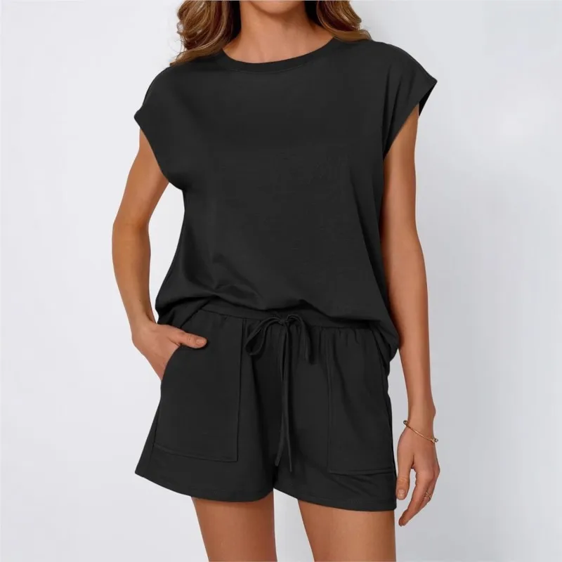 Short-sleeved Color-blocked Round Neck Top Drawstring High-waisted Shorts 2-piece Set Women's Soft Home Comfortable Summer Suit