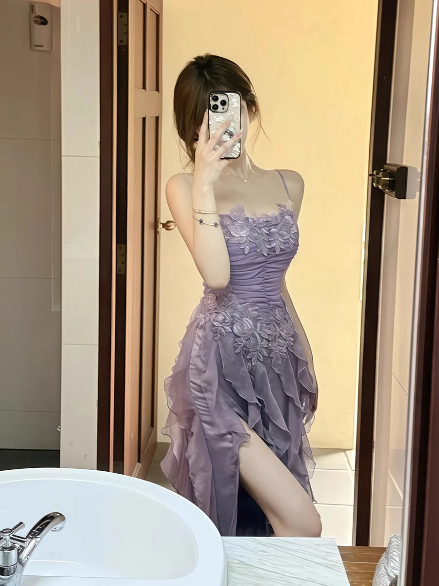 REDDACHiC Abito lungo fluido da donna con spacco in pizzo con giuntura elastica sul retro Abito da festa con volant irregolare Abiti estivi formali da ballo