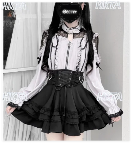 

Subculture Cosplay Lolita Shirt Women Autumn New Japanese Color Block Long Sleeve Blouse Shirts High Waist Pleated Skirt Set