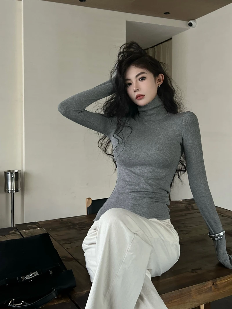 Sanding Warm Turtleneck T-shirt Women's Autumn Stretch Gray Long sleeve Inner wear Top Tight Sexy Fleece-lined Bottoming Shirt