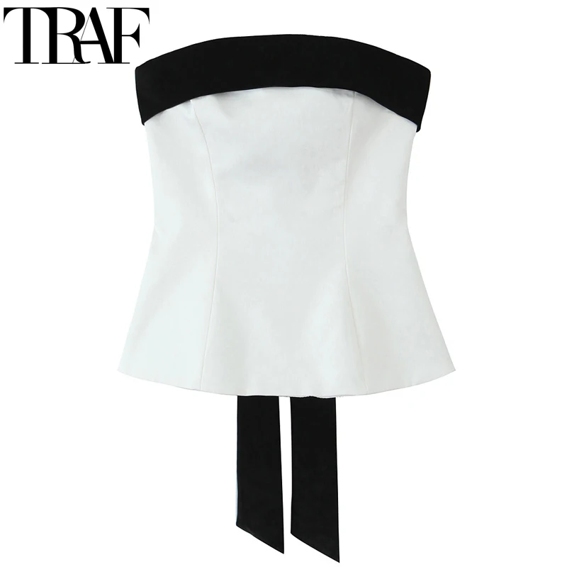 TRAF Womans Tops Off Shoulder White Crop Top Women Strapless Corset Woman Tube Top Summer Velvet Lace Up Butterfly Backless Top