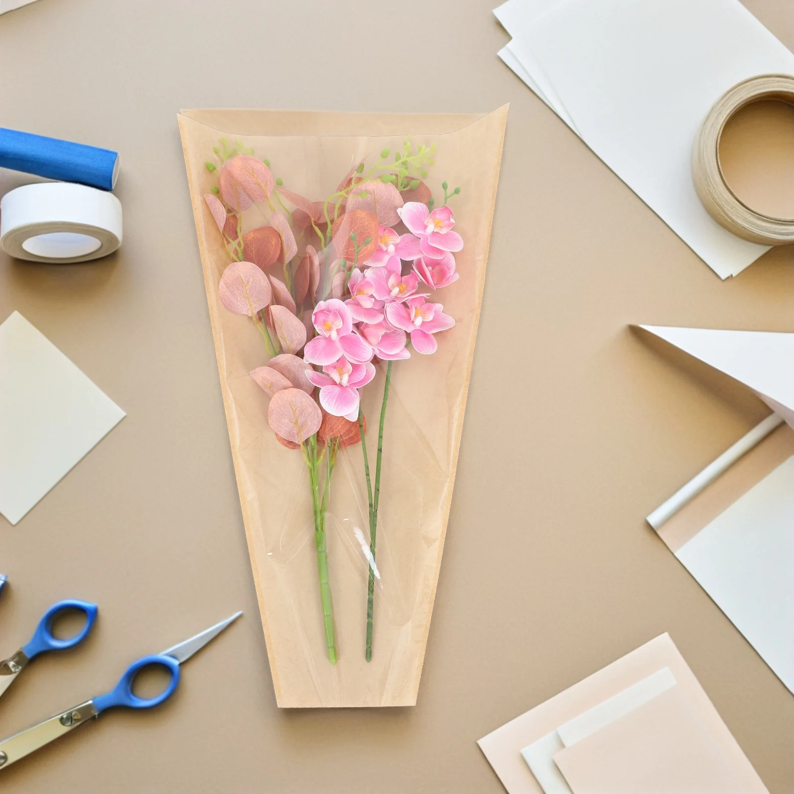 50Pcs Flower Sleeves Kraft Paper Single Rose Sleeve Waterproof Clear Opp Window for Valentine's Day Mother's Day Wedding Bouquet