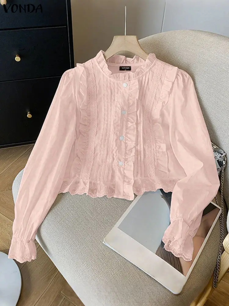 VONDA, camisa a la moda con volantes para mujer, otoño 2025, blusa lisa de manga larga con cuello redondo, Blusas informales holgadas coreanas de calle para mujer