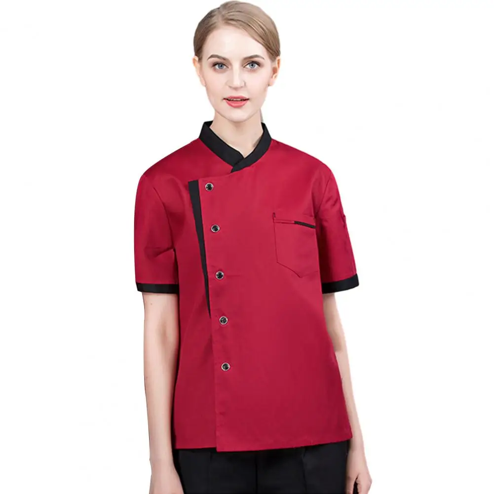 Uniformes de Chef Professionnels, Veste Unisexe à Manches Courtes avec Col Montant, Poche Patch Respirante pour Restaurant