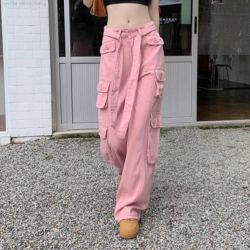 Imagem -03 - Calça Jeans Feminina com Bolso Calça Hip-hop Macacão Rosa Y2k Grunge Traf Calça de Rua Calça Feminina Hentai Gyaru 2023