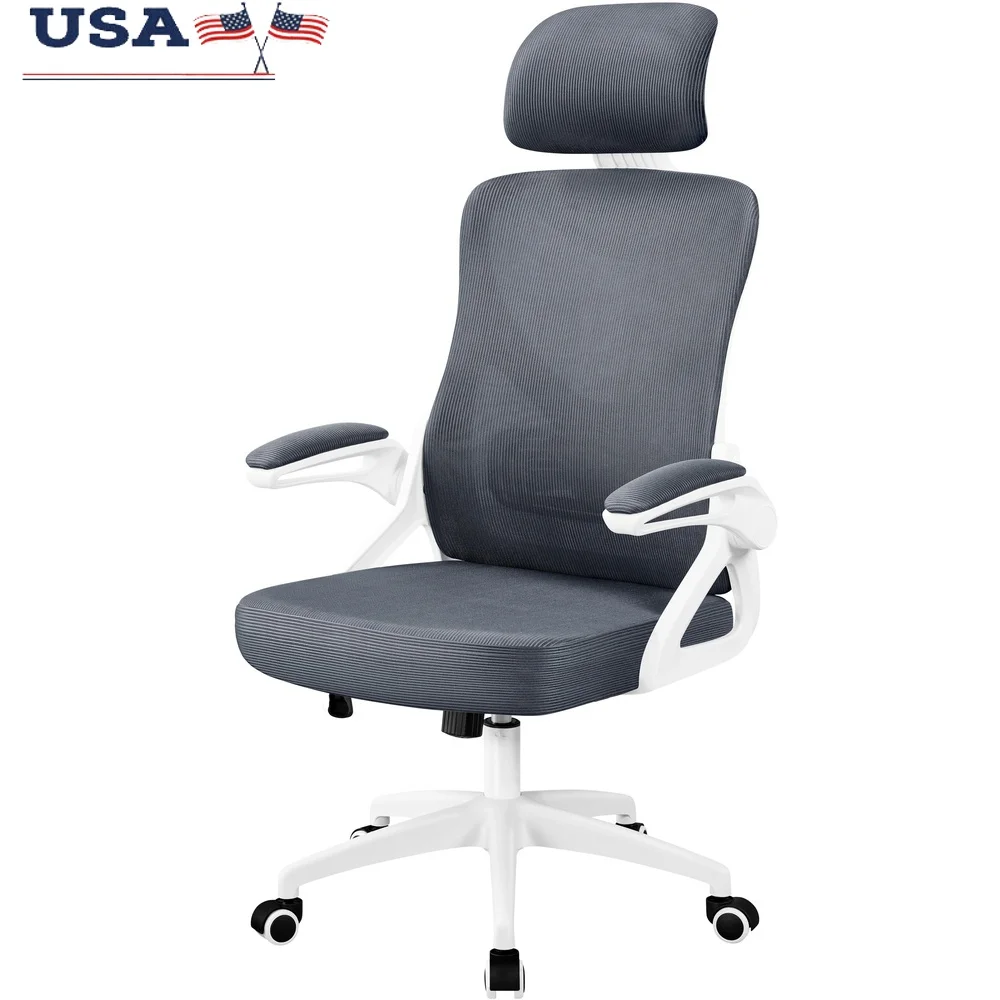 

High Back Ergonomic Mesh Office Chair with Adjustable Headrest Cushioned Seat Flip Up Armrests Lumbar Support 360 Degree
