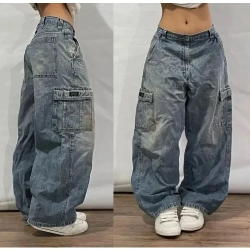 2000s Streetwear Fashion Harajuku Retro Printed Jeans Women Gothic Hip Hop Popular Straight Couple High Waisted Wide Leg Pants