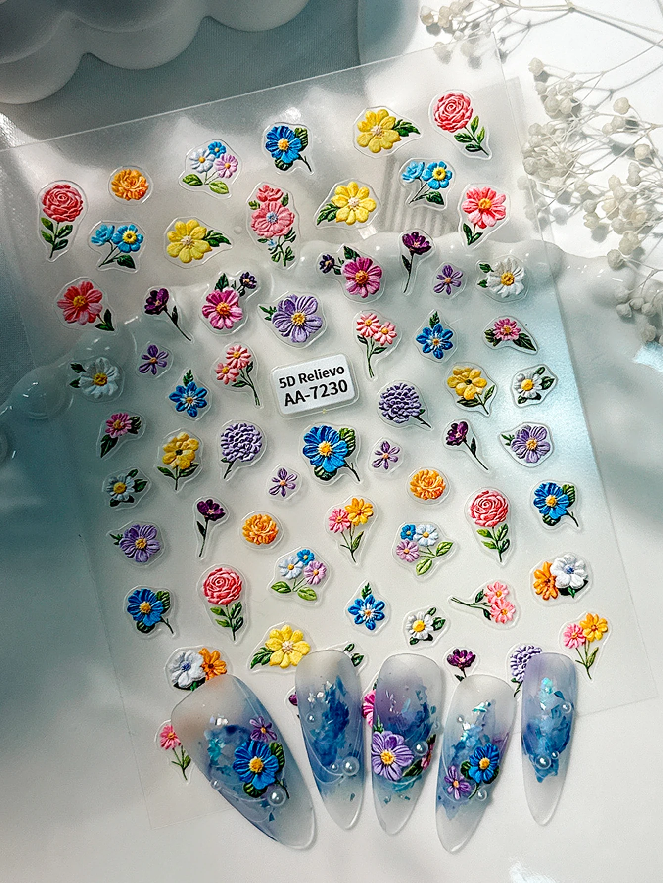 Autocollants pour ongles à fleurs colorées, Relief 5D, Monet exquis, couleur d'eau, fleur Super brillante, imperméable, décorations DIY bricolage, 1/2 pièces