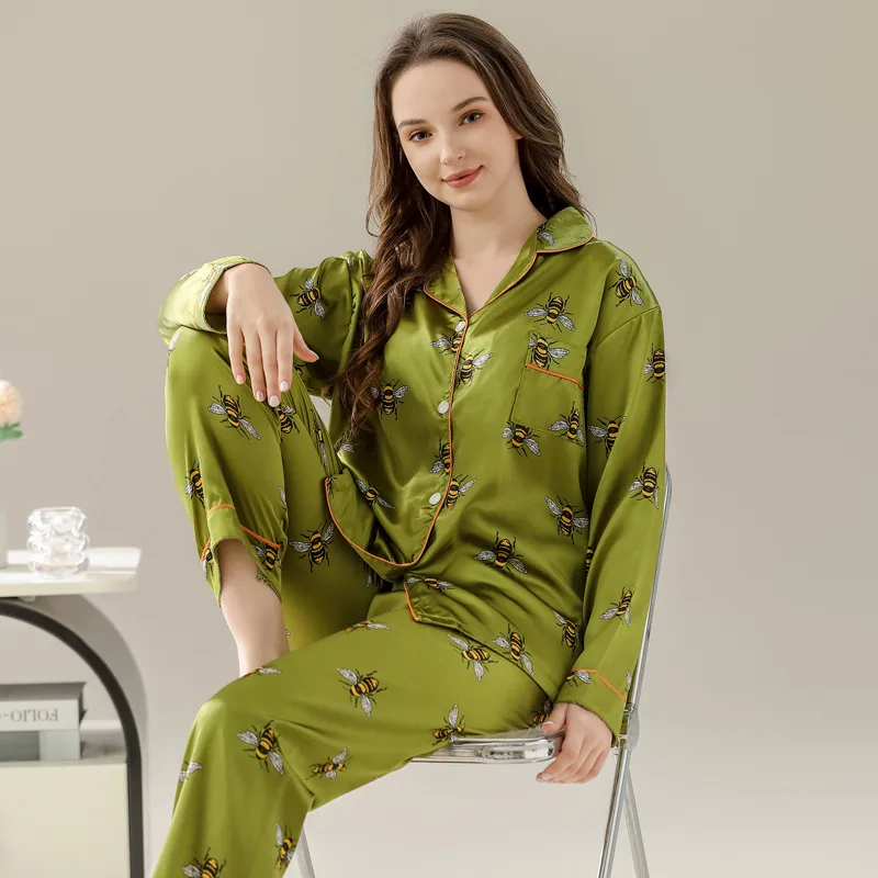 Women\'s Pajamas Sets Spring 2 Piece Animal Bee Print Pyjama Faux Silk Satin Sleepwear Long Sleeve Pijama Mujer Pjs Homewear