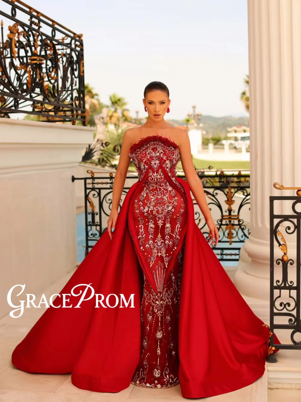 

Красные вечерние платья без бретелек, элегантное платье русалки с перьями на заказ для невесты, роскошное платье для выпускного вечера с кристаллами и бисером, Vestido De Novia