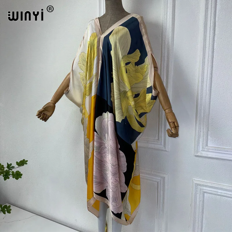 WINYI Summer african V-neck dress Printed beach wear women 2024 Loose Femme Robe Muslim beach cover ups silk feel evening dress