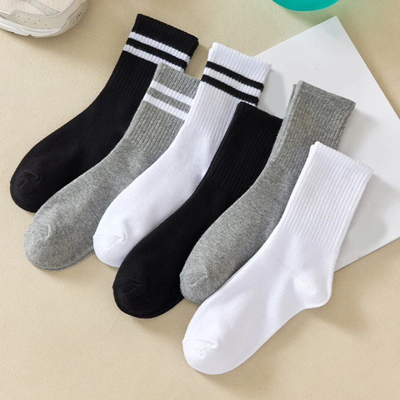 6 Pairs Men\'s and Women\'s Same Style Fashion Simple Solid Stripe Parallel Bars Tube Socks Comfortable and Versatile Suitable for