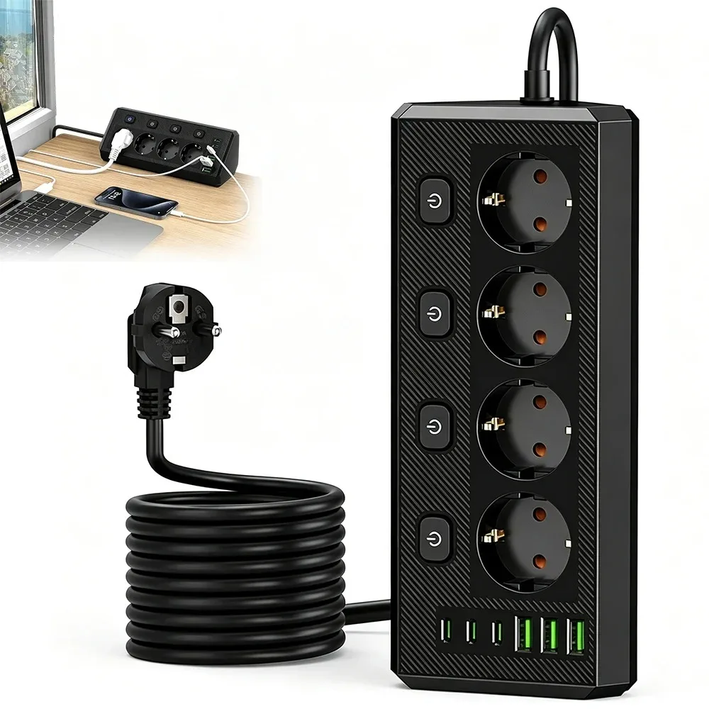 Multiprise d'angle 3-en-1 pour bureau avec 4 prises et interrupteur – Charge de plusieurs appareils (téléphones et tablettes) à la maison ou au bureau, idéale pour un bureau ordonné, une protection contre la poussière et une organisation de l'espace de travail permettant d'économiser de la place.