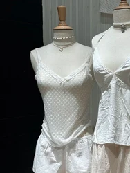 Hearts Jacquard Sexy Sheer Tank Tops Woman Summer Bow V Neck Sleevless Lace Trim Slim Thin Camis Solid Sweet Mesh Y2k Crop Top