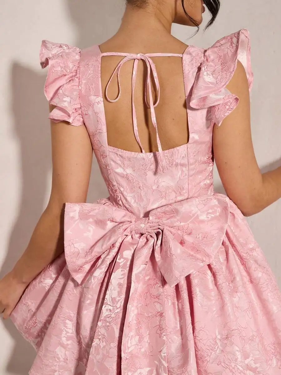 

Pink Jacquard Square Neck Bow Back Mini Dress For Women