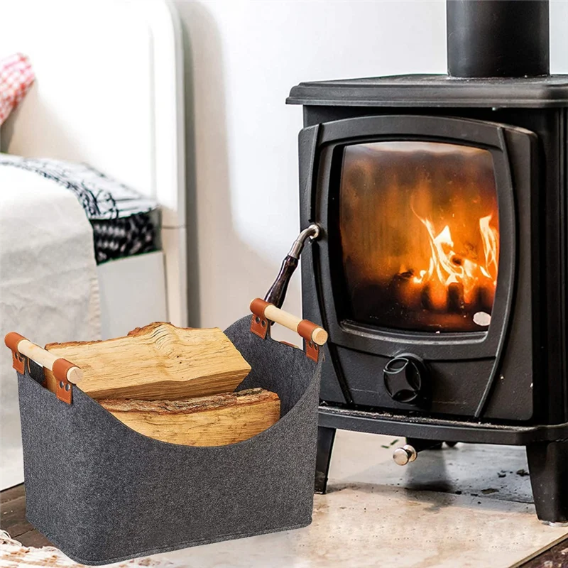 

AB33-2Xstorage Basket Felt, Foldable Storage Bin With Wood Handles, Storage Box For Wood Firewood Winter 17.7X 12.6X 15.7Inch Du
