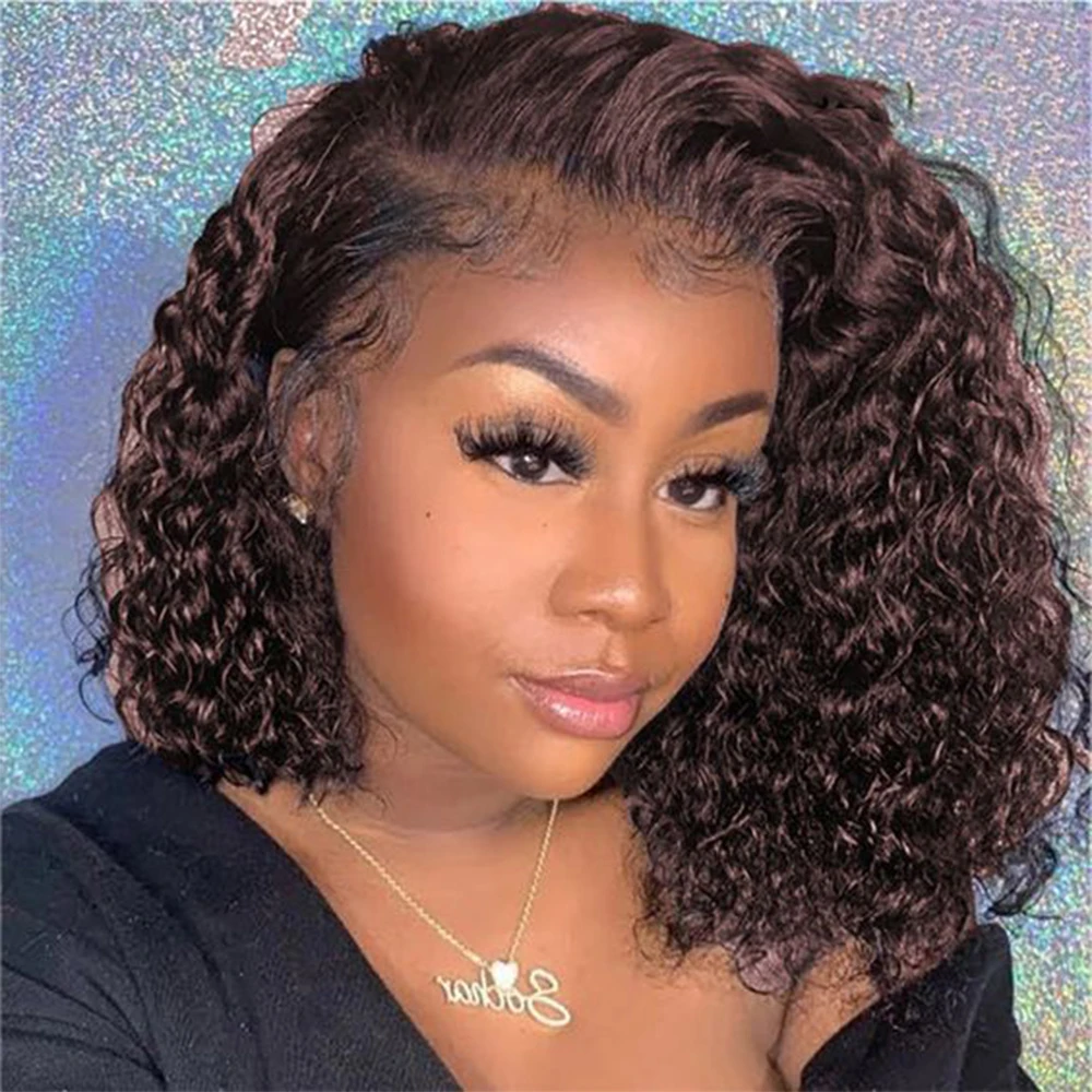 Dark Brown Short Curly Bob Wigs 150% Denstiy Brazilain Water Wave Human Hair Non Lace Full Machine Made Wigs For Women
