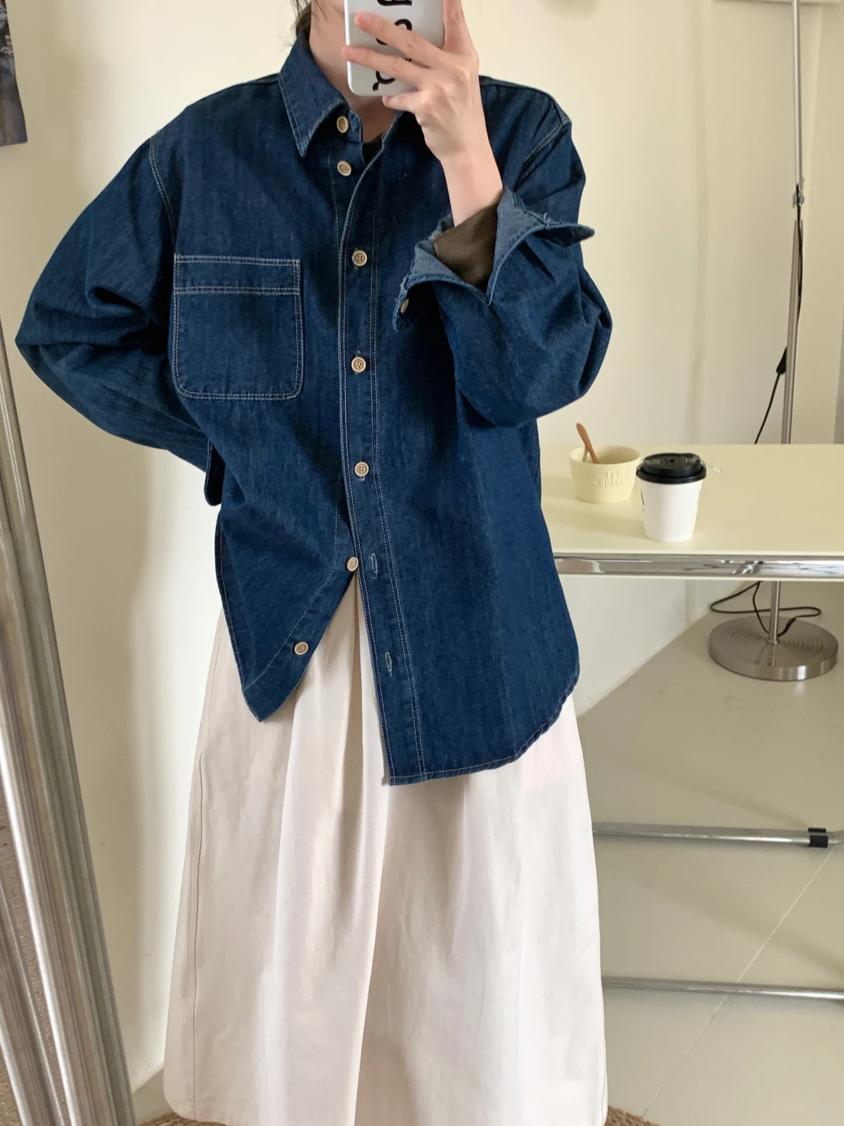 

Spring 2024 Women's Denim irt Korean Sle Simple ket Versatile Side Slit Cotton Polyester Blend Long Sve Straight Cut