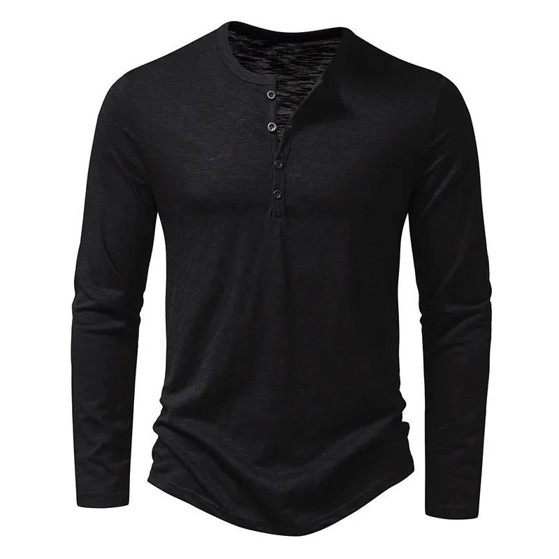 Herbst Neue männer Baumwolle Taste Langarm Henley Neck T-Shirt Casual Einfarbig Atmungsaktive Vielseitige Mode Dünne T-Shirts